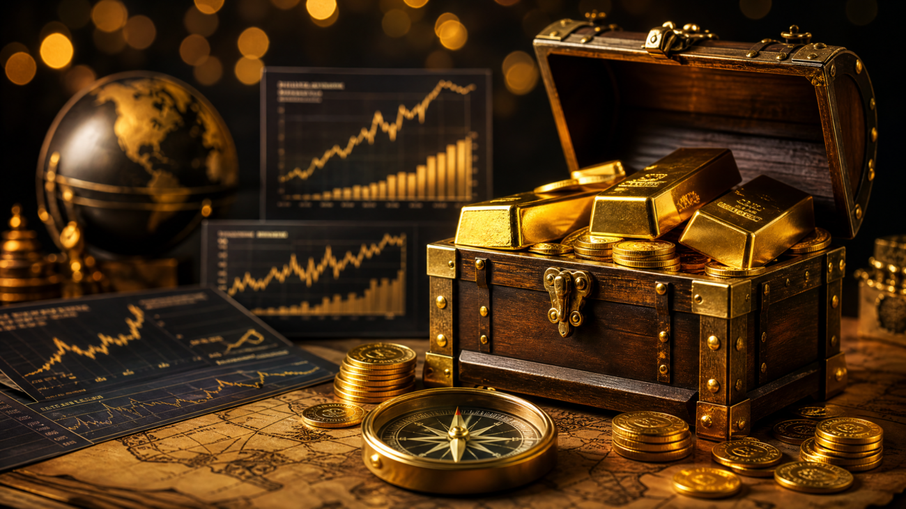 صندوق كنز مليء بسبائك الذهب مع مخططات استثمارية - أسرار الاستثمار في الذهب