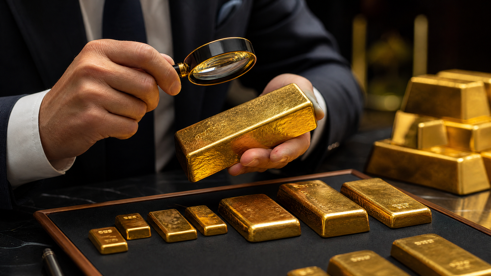 مستثمر يفحص سبيكة ذهب بمكبر عدسي - كيف تختار سبيكة ذهب مثالية للاستثمار