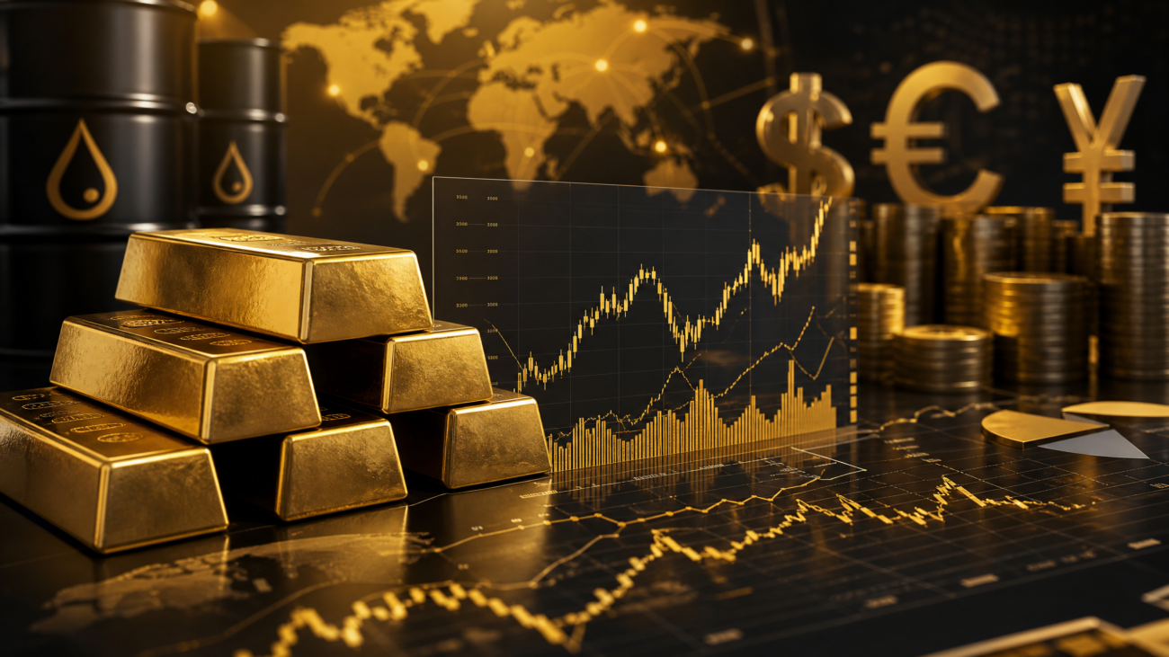 سبائك ذهب مع مخططات اقتصادية وبراميل نفط - العوامل المؤثرة في أسعار الذهب