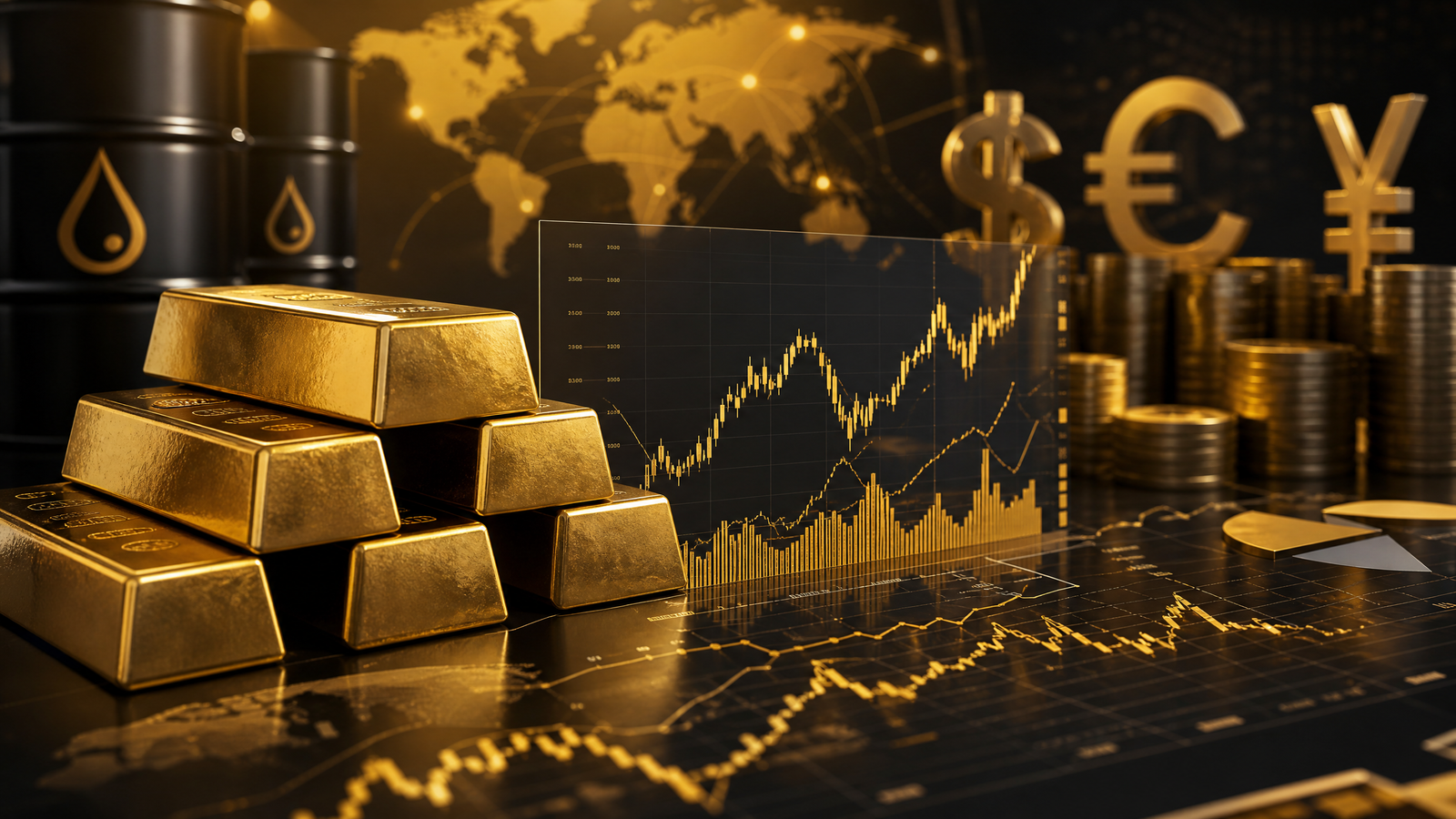سبائك ذهب مع مخططات اقتصادية وبراميل نفط - العوامل المؤثرة في أسعار الذهب