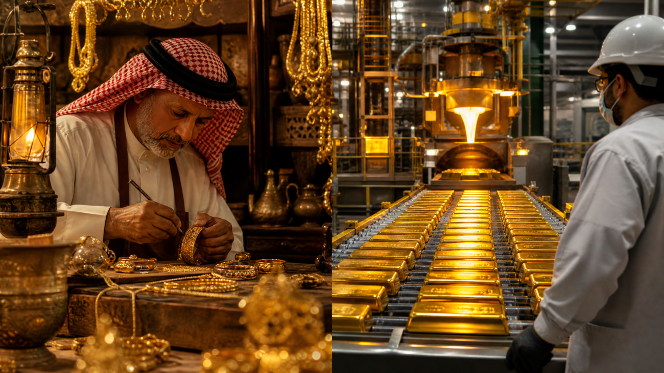 صائغ ذهب سعودي تقليدي ومصنع ذهب حديث - تطور صناعة الذهب في المملكة