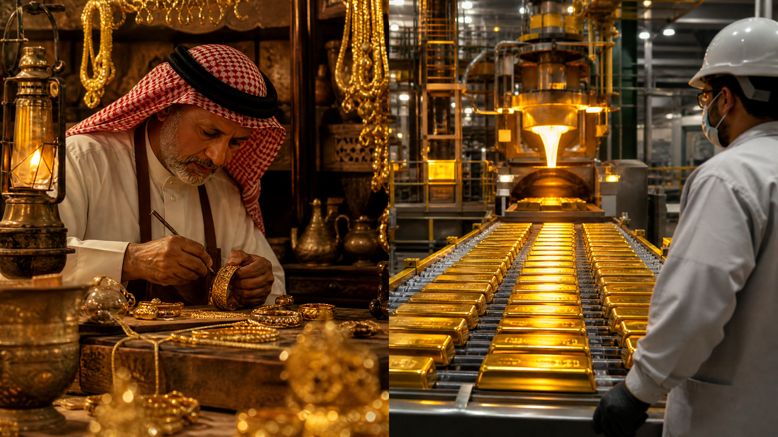 صائغ ذهب سعودي تقليدي ومصنع ذهب حديث - تطور صناعة الذهب في المملكة